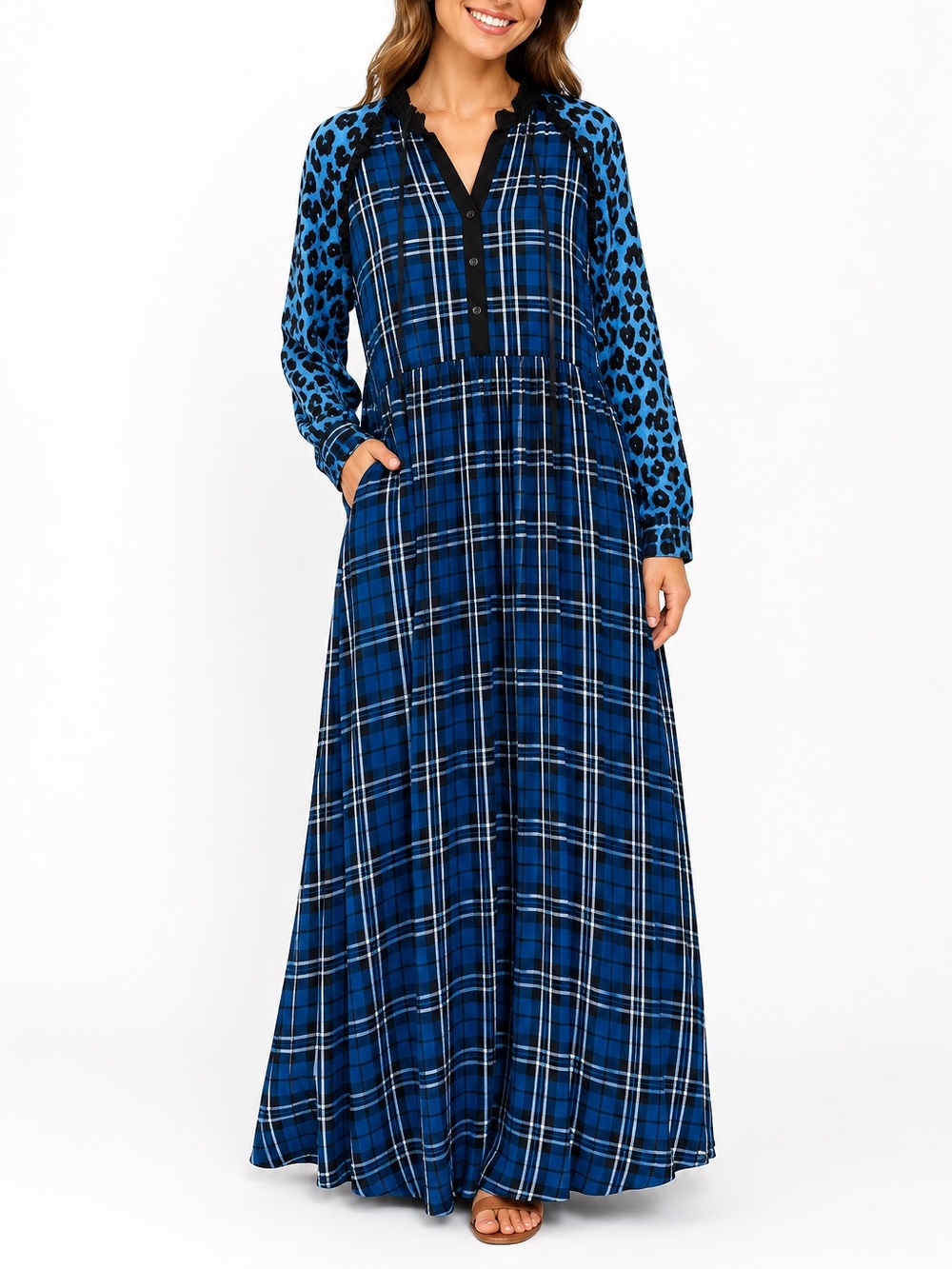 Twinset Plaid Mixed Print Maxi Shirt Dress Fall Preppy Boho Womens L